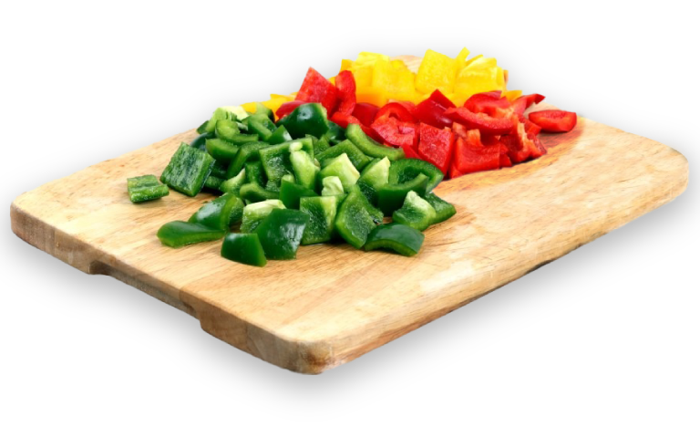 cutting board with fresh multi-color peppers